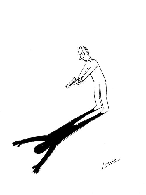 Man pointing a gun at his shadow.