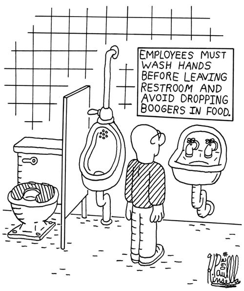 Employees must wash hands before leaving restroom and avoid dropping boogers in food.