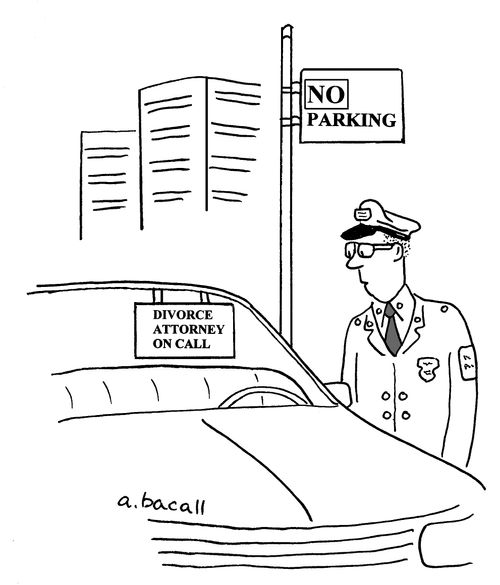 Car parked illegally has 'divorce attorney on call' sign in window.