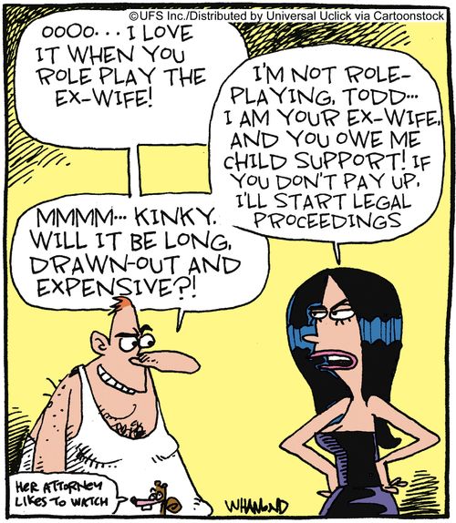 'oooo. . . I love it when you role play the ex-wife. . . Mmm. . . kinky. Will it be long, drawn-out and expensive.'