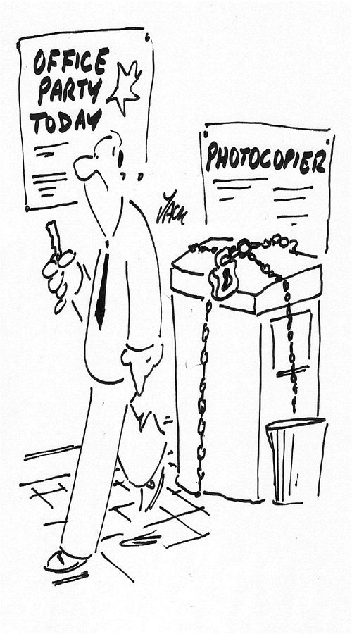 The photocopier is chained up before the office party.