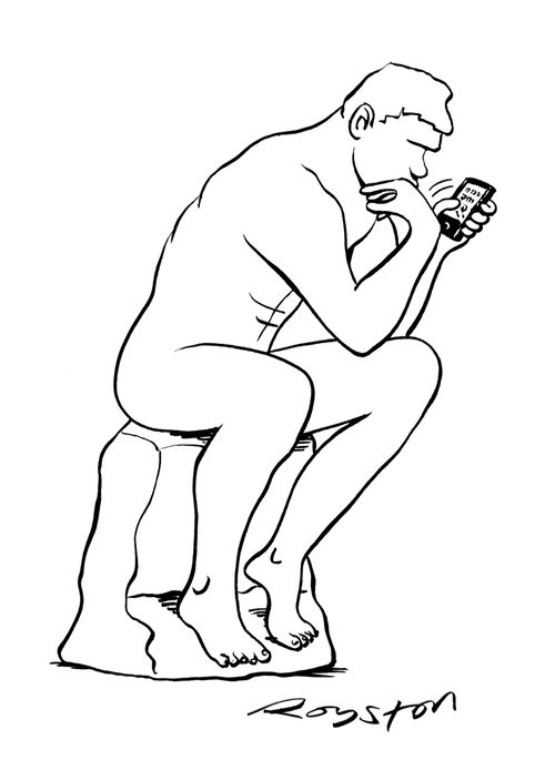 The Thinker idly checking his phone.