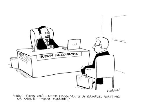 'Next thing I'll need from you is a sample. Writing or urine - your choice.'
