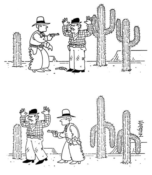 Cacti that hold up their 'arms' when a gun is pointed at them.