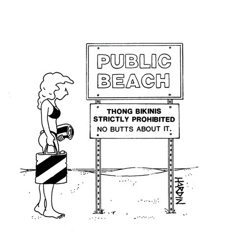 'Public beach. Thong bikinis strictly prohibited. No butts about it.'