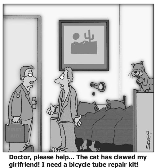 'Doctor, please help...The cat has clawed my girlfriend! I need a bicycle tube repair kit!'