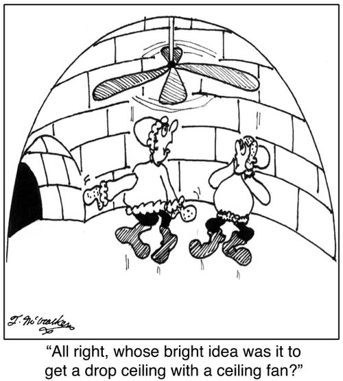 All right, whose bright idea was it to get a drop ceiling with a ceiling fan?