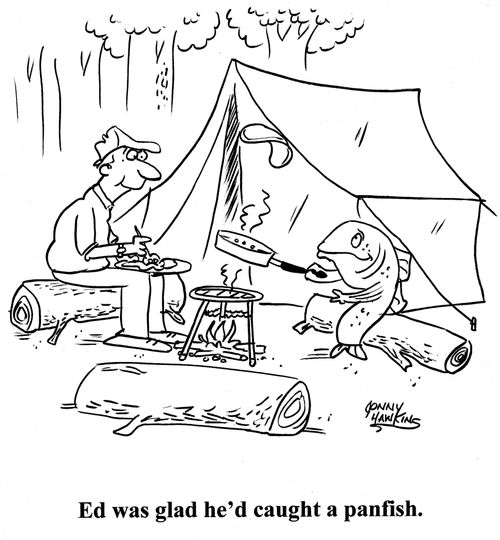 Fish flipping flapjack in pan. Title: 'Ed was glad he'd caught a panfish.'