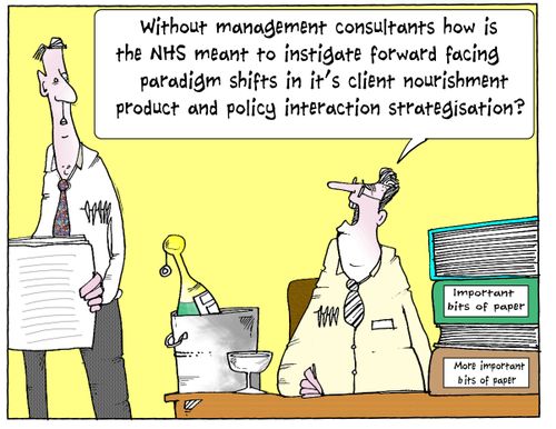 'Without management consultants how is the NHS meant to instigate forward facing paradigm shifts in it's client nourishment product....'