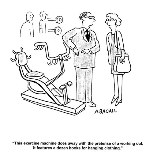 'This exercise machine does away with the pretense of a working out. It features a dozen hooks for a hanging clothing.'