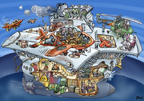 Cutaway drawing of an aircraft carrier.