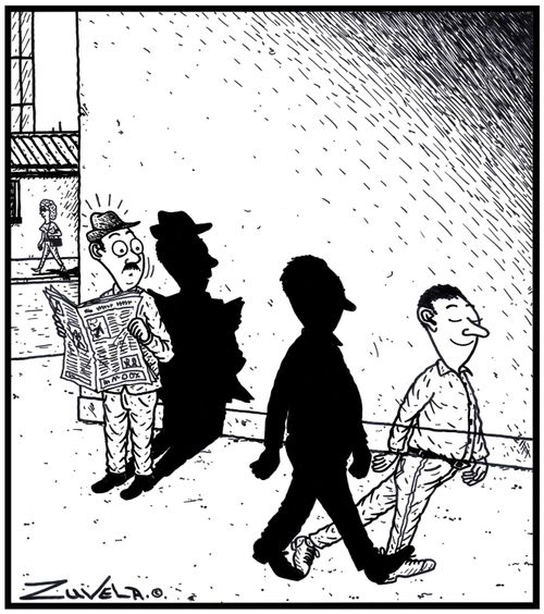 A man in the form of a shadow with his shadow in the form of a man.