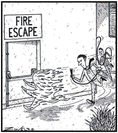 Fire Escape - A large flame of Fire trying to escape from two Office Workers chasing it with Fire Extinguisher and Fire Hose in hand.