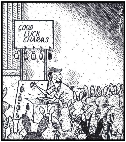 An angry mob of Rabbits have finally found the person who has their former feet using them for good luck charms