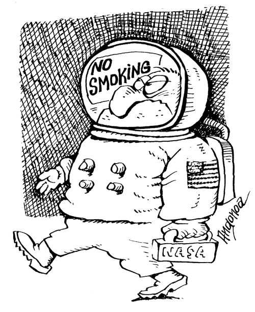 'No smoking' sign in an astronaut's helmet.