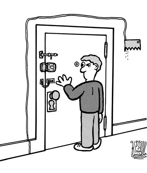 Saw cutting a whole around locked door while a man looks through peephole.