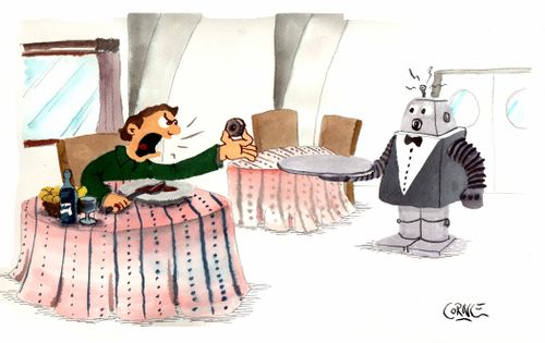 Diner angry at a robot waiter because of a nut in his food