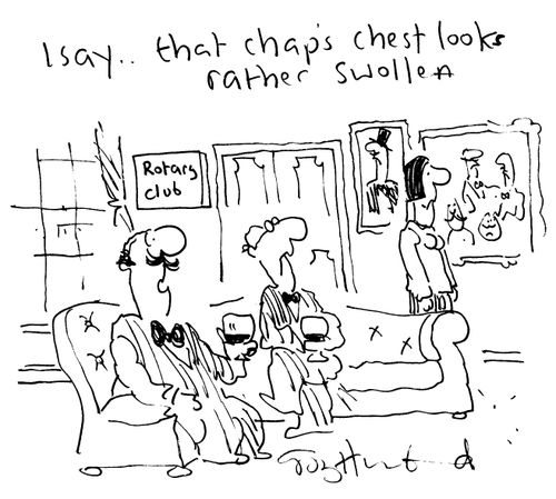 Gentlemen's Club. Two old men looking at a woman guest - "I say, that chap's chest looks rather swollen."