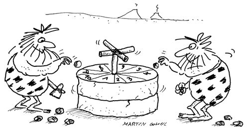 Cavemen playing with a roulette table