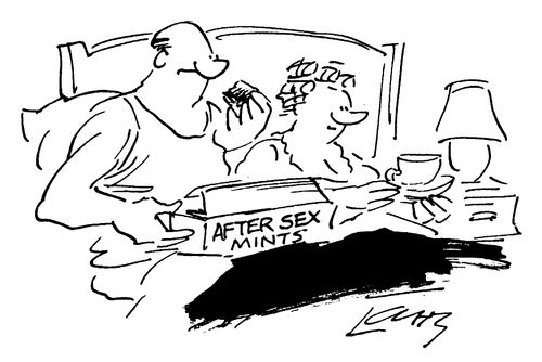 Couple eating "After Sex Mints" in bed