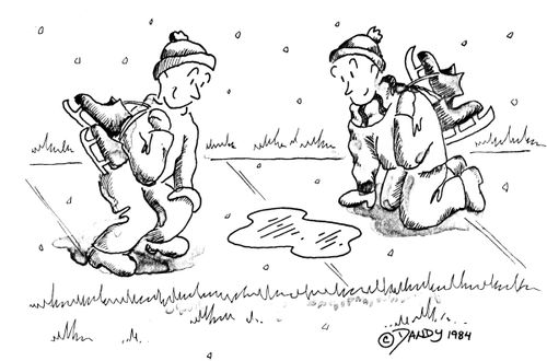 Kids with skates waiting for the ice to grow.