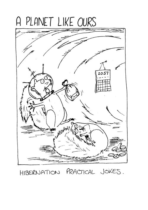 Hibernation practical joke - Squirrel about to wake another squirrel by bursting a bag.