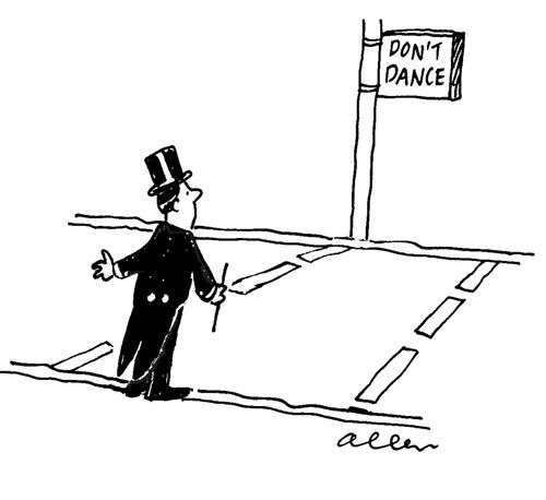 Man in top hat at pedestrian crossing, sign says 'Don't dance'.