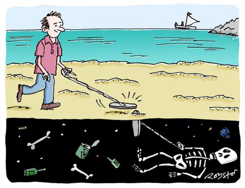 Man with metal detector finds metal on beach, but it's a buried metal detector and its owner is also dead and buried.