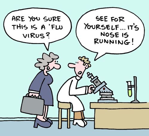 "Are you sure this is a 'Flu virus?"  "See for yourself...it's nose is running!"