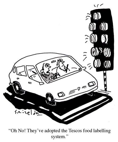 Complicated traffic lights - 'Oh No! They've adopted the Tesco's food labelling system.'