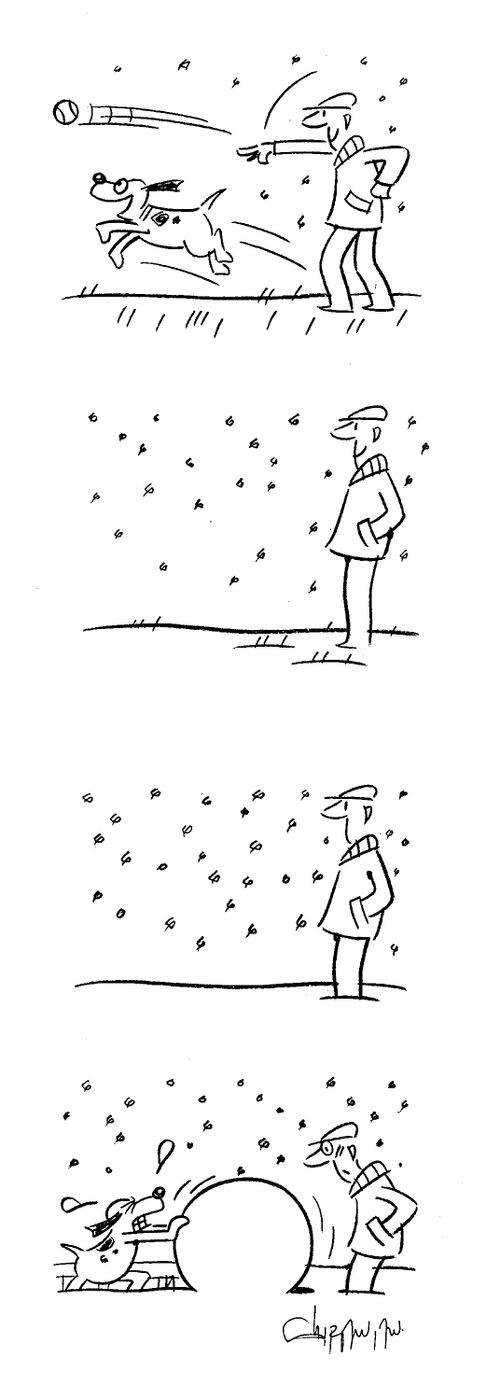 Dog chases after snowball - which is a lot bigger by the time he brings it back.