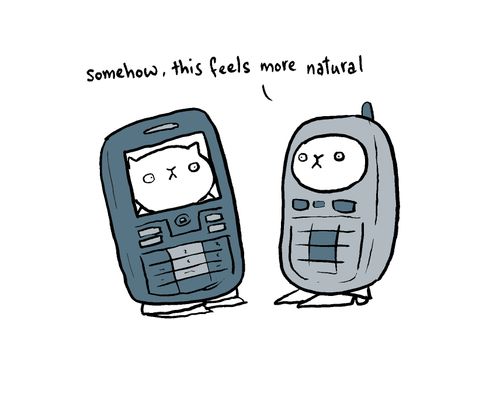 More Natural. Two characters find that conversation feels more natural talking through mobile phone costumes. 'somehow,this feels more natural'