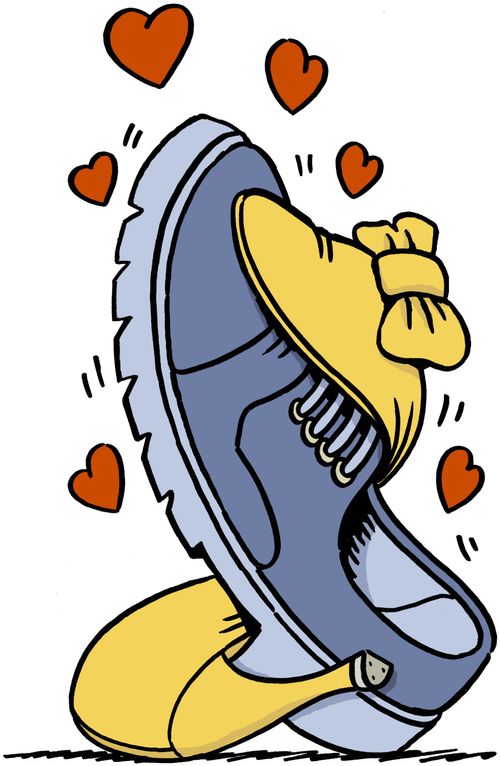 Male and female shoes embracing.