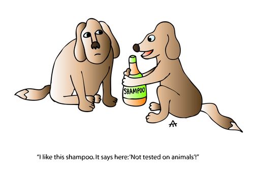 'I like this shampoo. It says here: 'Not tested on animals'!'
