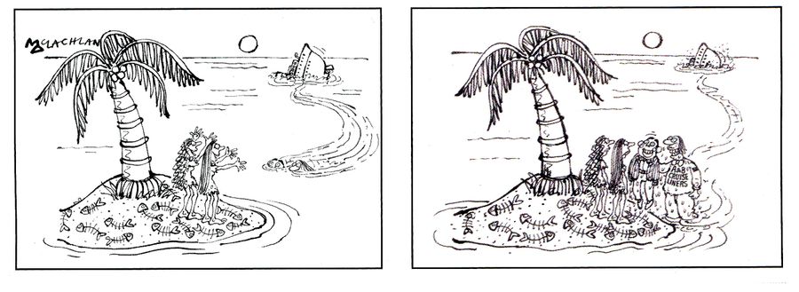 Women castaways are joined on the island by ugly men.