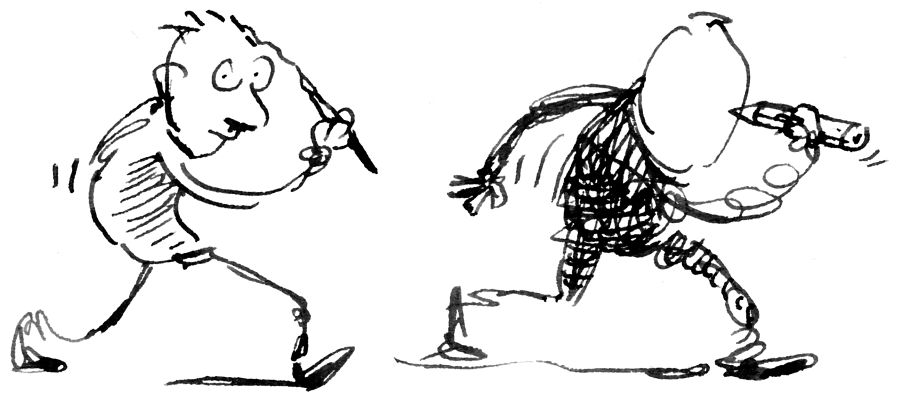 Two men creating themselves with a pencil and paintbrush.