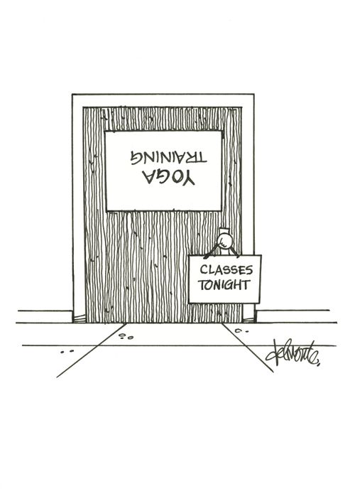 Upside down sign offers Yoga Classes.