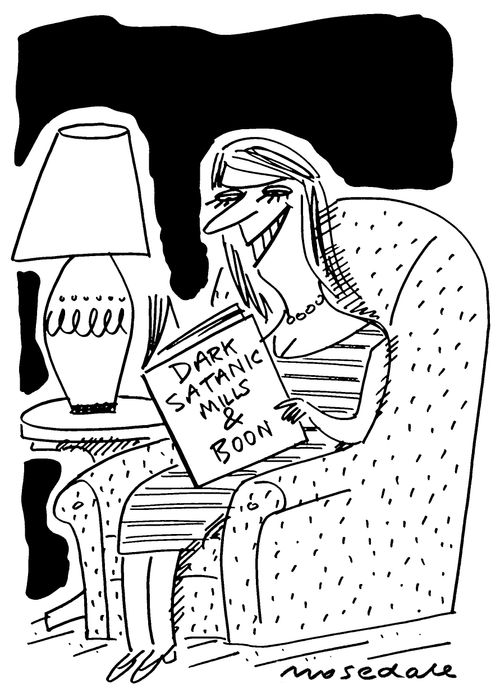 Woman reading 'Dark Satanic Mills and Boon' novel