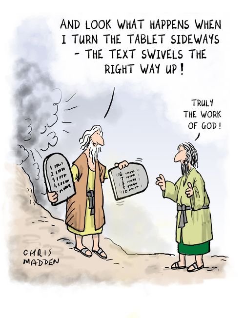 'And look what happened when I turn the tablet sideways - the text swivels the right way up.'