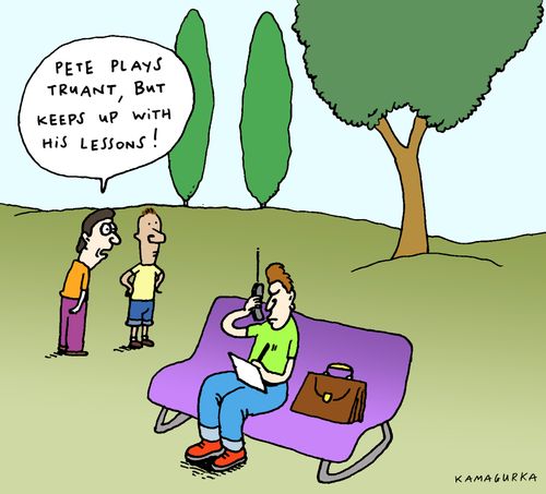 'Pete plays truant, but keeps up with his lessons!'