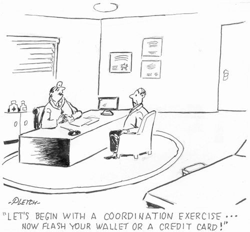 'Let's begin with a coordination exercise...now flash your wallet or a credit card!'