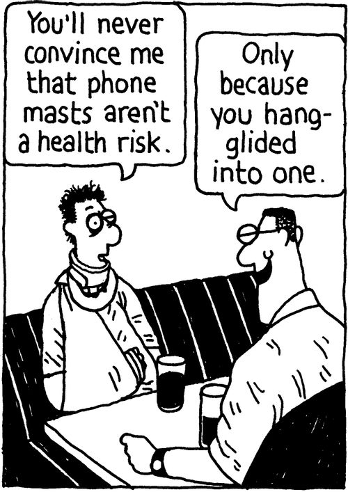 'You'll never convince me that phone masts aren't a health risk.' 'Only because you hang-glided into one.'
