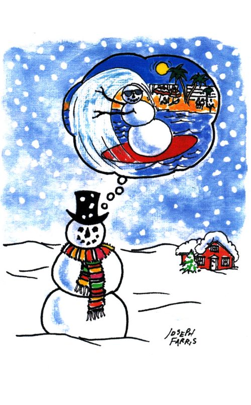 Snowman dreaming of surfing.