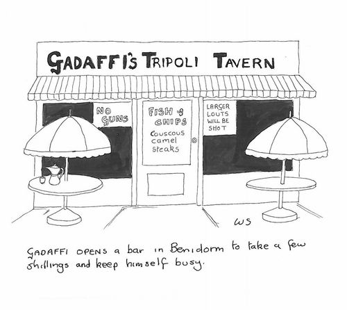 Gadaffi opens a bar in Benidorm to take a few shillings and keep himself busy.