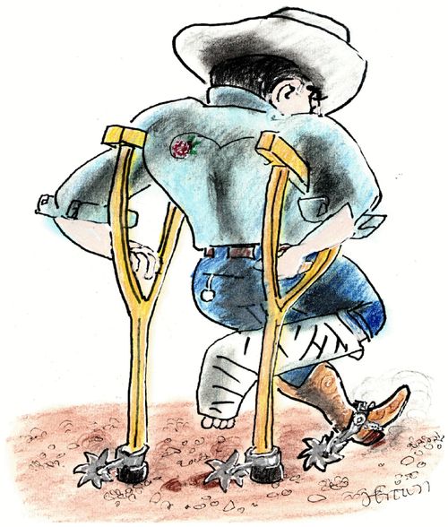 The lame cowboy with spurs on his crutches.