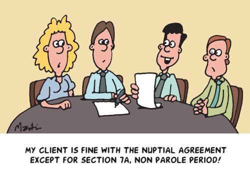 'My client is fine with the nuptial agreement except for section 7a, non parole period!'