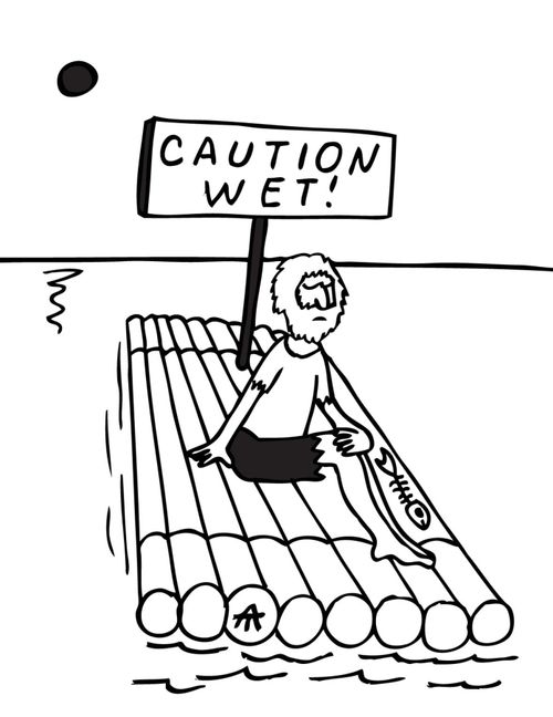 Raft with a 'Caution Wet!' sign.