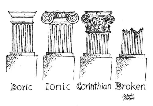 Doric, Ionic, Corinthian, and Broken Pillars.