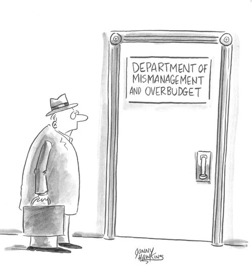 Businessman sees door sign 'Department of Mismanagement and Overbudget'.