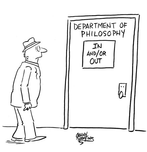 Man sees door 'Department of Philosophy In AndOr Out'.